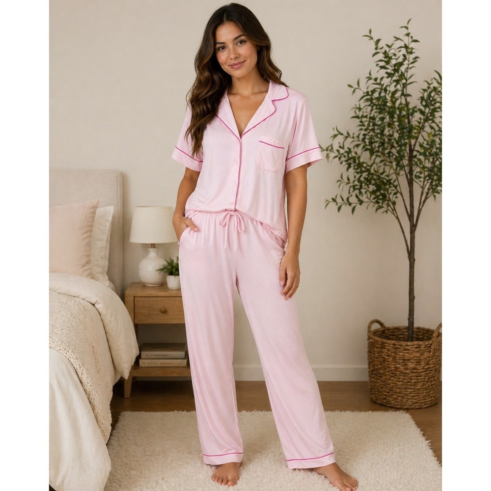 Shabby Chic Pink Pajama Set Short Sleeve Button Top and Pants Medium